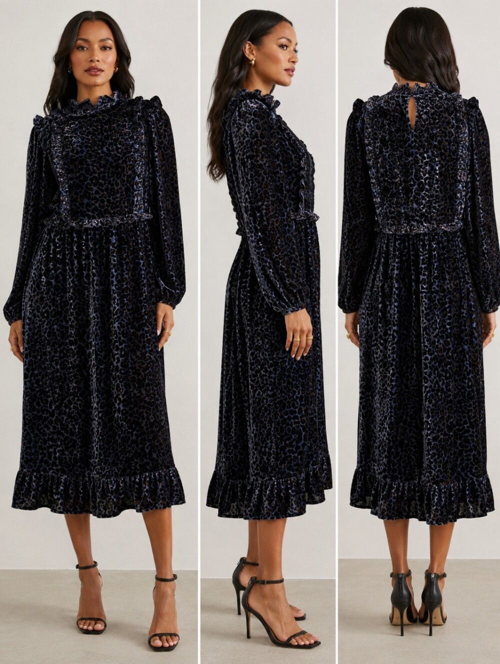 Paper Parachute Black Burnout Velvet Leopard Print Ruffle Maxi Dress Women Small